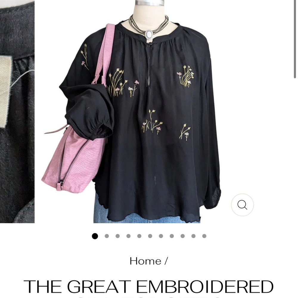THE GREAT. Black Floral Embroidered Blouse